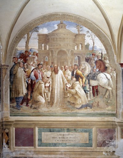 Benedict sender Maurus i Frankrike og Placid på Sicilia (Benedict sender Maurus i Frankrike og Placid på Sicilia) Freske av klosteret laget av Luca Signorelli som forteller om livet til Saint Benedict of Nursie (480 - 567) grunnlegger av Benediktinerordene av Luca Signorelli