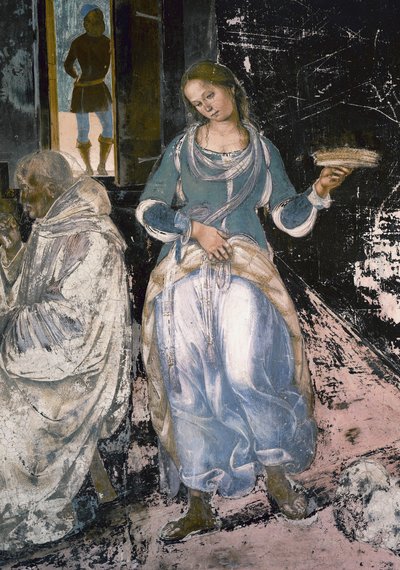 Benedikt forteller to munker når og hvor de har spist utenfor klosteret, scene fra St. Benedikts liv av Luca Signorelli