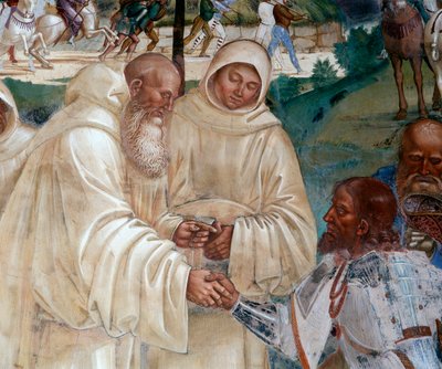 Benedikt ønsker velkommen til Totila som kom for å be om unnskyldning for å ha satt Benoit på prøve (Benedict ønsker velkommen til Totila som kom for å be om unnskyldning for å ha satt Benedict på prøve) Detaljfreskomaleri av cloitre realisert av Luca Sign av Luca Signorelli