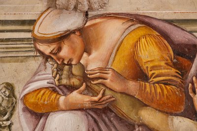 Klageklage over den døde Kristus mellom de to helgenene i Orvieto (S. Parenzo til høyre og S. Faustino til venstre), detalj av Luca Signorelli