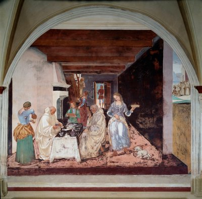 Life of Saint Benedict of Nursie (ca. 480-547): "Hvordan Benedikt fortalte munkene hvor og når det er planlagt å spise utenfor klosteret" (Hvordan Benedikt fortalte munkene hvor og når det er planlagt å spise utenfor klosteret) Freske av klosteret produser av Luca Signorelli
