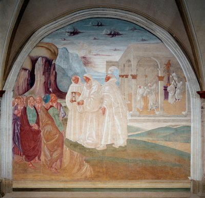 Saint Benedict evangeliserte innbyggerne i Monte Cassino, i bakgrunnen skyter munkene ned en statue av Apollo (Fresco) av Luca Signorelli