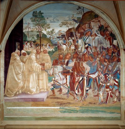 Saint Benedict of Nursia ønsker velkommen til Totila (6. århundre) kongen av østgoterne freskomaleri av munkenes refektorium laget av Luca Signorelli som forteller om livet til Saint Benedict of Nursie (480 - 567) grunnlegger av Benediktinerordenen. 1503 - av Luca Signorelli