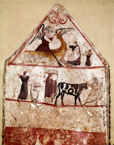 En okse leder på alteret til offerfresken fra det 4. århundre f.Kr., fra nekropolisen Andriuolo i Paestum, Italia. Museo nazionale archeologico, Paestum av Lucanian School