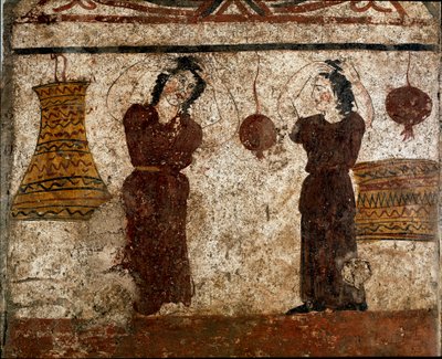 En gruppe dansere under en begravelsesrite Lucanian fresco fra det 4. århundre f.Kr., fra nekropolisen i Paestum, Italia. Museo nazionale archeologico, Paestum av Lucanian School