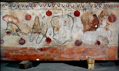 En rytter og de forskjellige elementene i rustningen hans Lucanian fresco fra det 4. århundre f.Kr., fra nekropolis i Paestum, Italia. Museo nazionale archeologico, Paestum av Lucanian School