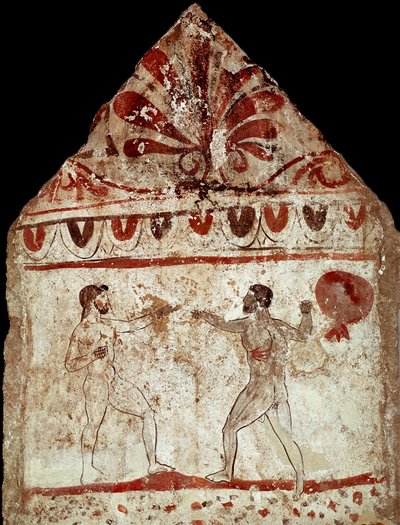To idrettsutøvere som spiller pugilat (boksing) Lucanian fresco fra det 4. århundre f.Kr., fra nekropolisen Paestum, Italia. Museo nazionale archeologico, Paestum av Lucanian School