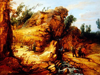 Bønder hviler ved en fjellbekk (olje på panel) av Lucas Achtschellinck