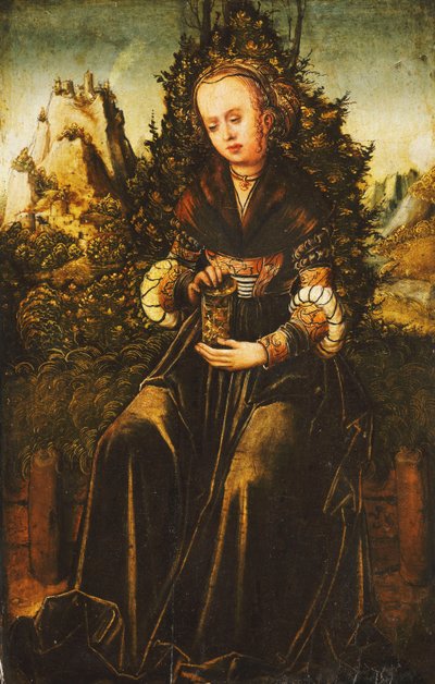 Saint Mary Magdalen sitter på en gresskant i et fjellrike landskap, av Lucas Cranach