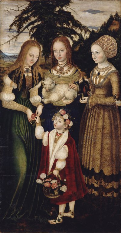 Altertavle med Saint Catharines martyrium, venstre fløy: De hellige Dorothea, Agnes og Cunigund av Lucas Cranach the Elder