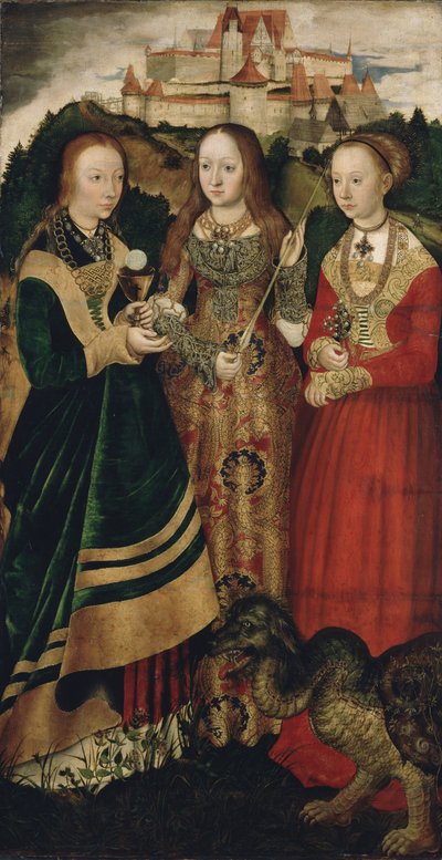 Altertavle med Saint Catharines martyrium, høyre fløy: Den hellige Barbara, Ursula og Margaret av Lucas Cranach the Elder