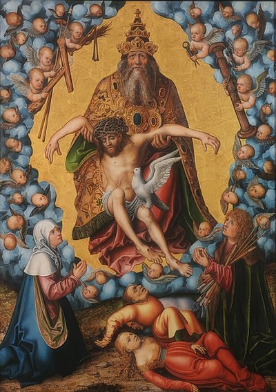 Treenigheten, æret av Maria og Sebastian. Rundt 1515 av Lucas Cranach the Elder