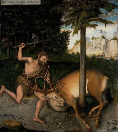 Hercules og Kerynite Doe. Fra serien av Herkules gjerninger. Etter 1537 av Lucas Cranach the Elder