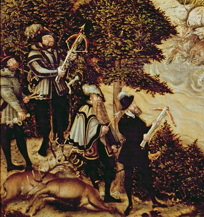 Johann Friedrich the Magnanimous, kurfyrst av Sachsen og keiser Charles V jaktet hjort nær Hartenfels slott, Torgau, 1544 (detalj av 38682) av Lucas Cranach the Elder