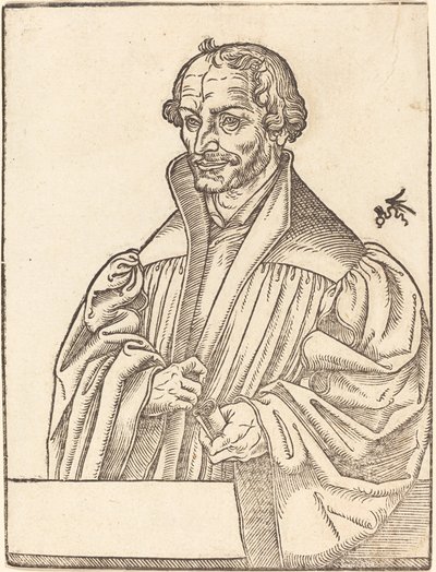 Philip Melanchton, Halvlengde til venstre, står bak et brystverk av Lucas Cranach the Younger
