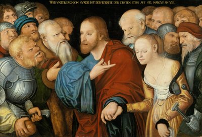 Kristus og kvinnen tatt i utroskap, ca. 1520-50 av Lucas studio of Cranach