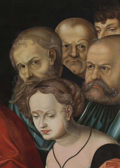 Kristus og kvinnen tatt i utroskap, detalj, ca. 1700 (olje på tre) av Lucas the Elder (after) Cranach
