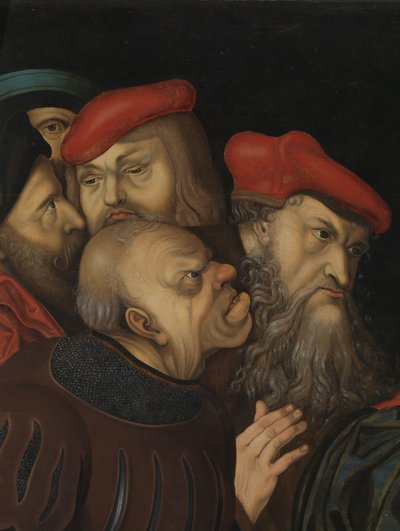 Kristus og kvinnen tatt i utroskap, detalj, ca. 1700 (olje på tre) av Lucas the Elder (after) Cranach