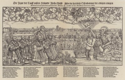 Frederick III, kurfyrst av Sachsen og Martin Luther var vitne til Kristi dåp (gravering;) av Lucas the Elder (after) Cranach