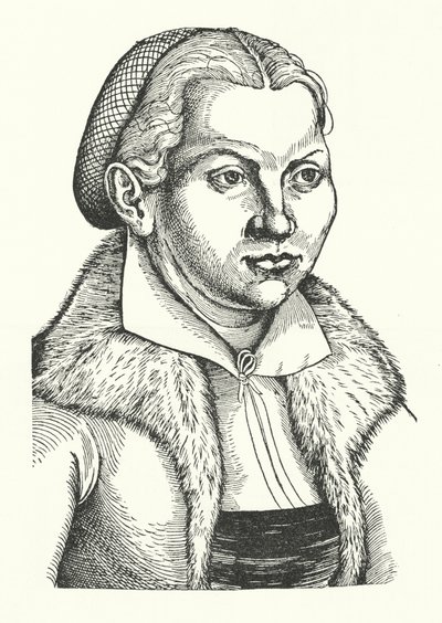 Katharina von Bora, kone til den tyske protestantiske reformatoren Martin Luther (gravering) av Lucas the Elder (after) Cranach