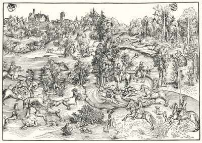 Hjortejakt i en hjortepark eller landskap (gravering) av Lucas the Elder (after) Cranach