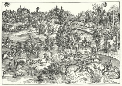 The Stag Hunt (gravering) av Lucas the Elder (after) Cranach