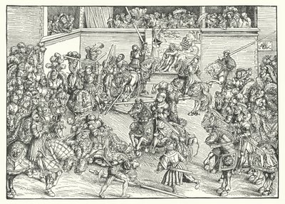 Turneringen med teppet til Samson og løven (gravering) av Lucas the Elder (after) Cranach