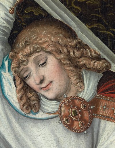 Erkeengelen Michael som holder Scales of Justice (detalj) (olje på panel) av Lucas the Elder (workshop of) Cranach