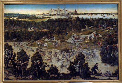 Jakt til ære for Karl V på Torgau slott i Tyskland Maleri av Lucas Cranach den eldre (1472-1553) 1544. Madrid. Musee Du Prado - Jakt til ære for Charles V på slottet Torgau i Tyskland. Maleri av Lucas Cranach den eldre (1472-1553) 1544. P av Lucas the Elder Cranach