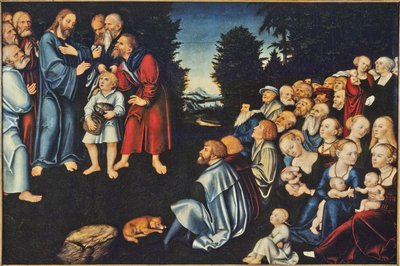 La multiplification des pains - Miraklet med de fem brødene og de to fiskene, av Cranach, Lucas, den eldste (1472-1553). Olje på tre. Mål: 82x120 cm. Nationalmuseum Stockholm av Lucas the Elder Cranach
