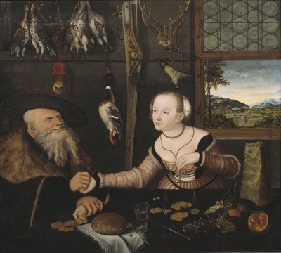 Le couple mal assorti - The Ill-matched Couple, av Cranach, Lucas, the Elder (1472-1553). Olje på tre av Lucas the Elder Cranach