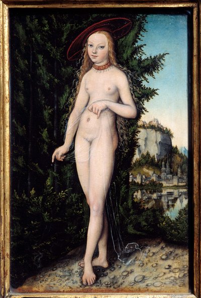 Venus står i et landskapsmaleri av Lucas Cranach den eldre (1472-1553) 1529, Olje på tre, Dim. 0,38x0,25 m - Venus står i et landskap. Maleri av Lucas Cranach den eldste (1472-1553) av Lucas the Elder Cranach