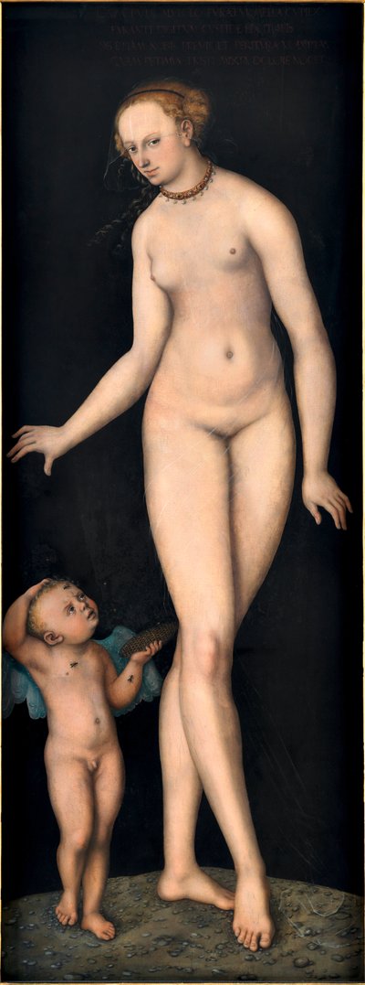 Venus med Cupid honningtyven, av Cranach, Lucas, den eldste (1472-1553). Olje på tre, etter 1537. Mål: 175,4x66,3 cm. Germanisches Nationalmuseum, Nürnberg av Lucas the Elder Cranach