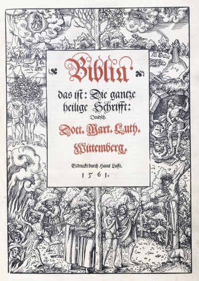 Tittelside, med en fin billedkant fra "Biblia, das ist: Hele hellige skrift: tysk", oversatt av Martin Luther, 1560-1561 av Lucas the Younger Cranach