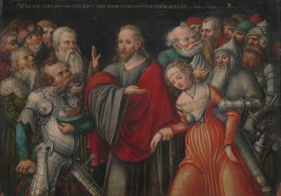 Kristus og utroskapen, ca. 1545-50 (olje på bøk) av Lucas the Younger studio of Cranach
