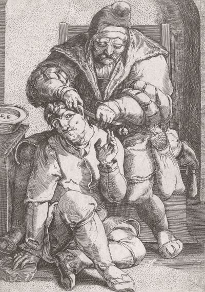 Frisørkirurg fra 1600-tallet tar seg av en pasients øre. av Lucas van (after) Leyden