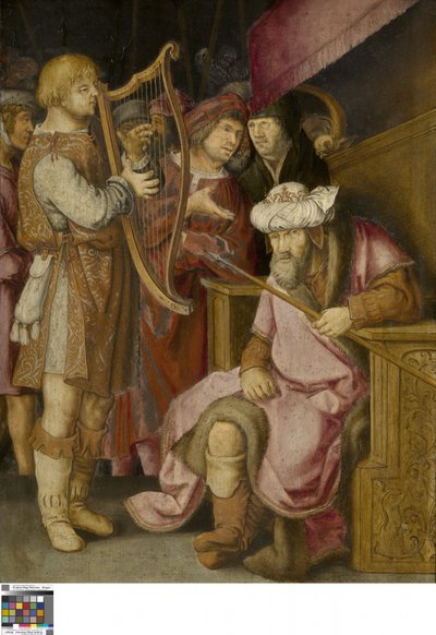 David spiller harpen sin for Saul (olje på panel) av Lucas van (after) Leyden