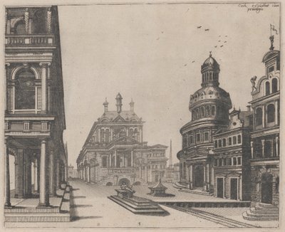 Hjørne av et palass med Colonnade og Circular Building av Lucas van Doetechum and Johannes