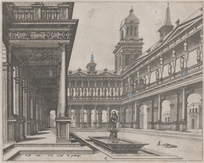 Palace Courtyard med fontene i et rektangulært basseng av Lucas van Doetechum and Johannes