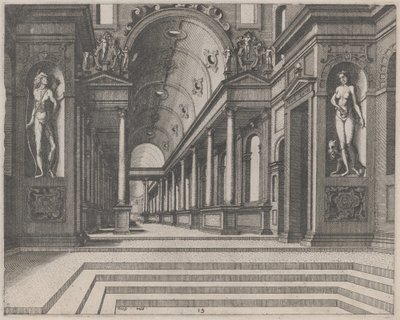 Utsikt i en kirke med korintiske søyler og statuer av Apollo, Melpomene og Moses av Lucas van Doetechum and Johannes