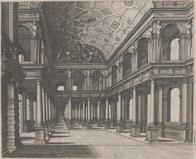 Utsikt inn i en hall med toskanske søyler av Lucas van Doetechum and Johannes