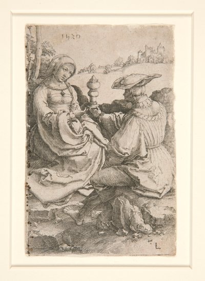 En adelsmann og en dame som sitter i et landskap av Lucas van Leyden