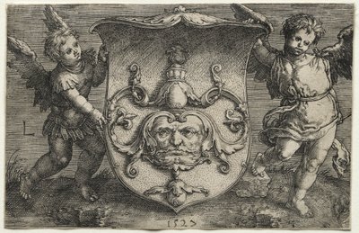 Et skjold som bærer en maske støttet av to Genii av Lucas van Leyden