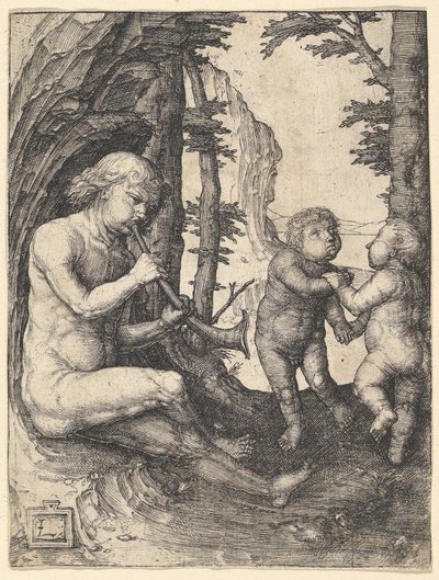 Gutt med trompet, ca. 1507. av Lucas van Leyden