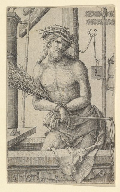 Kristus som sorgens mann med lidenskapens instrumenter., 1517. av Lucas van Leyden