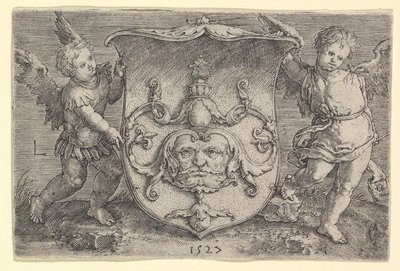 Våpenskjold med maske, holdt av Two Genii, 1527. av Lucas van Leyden