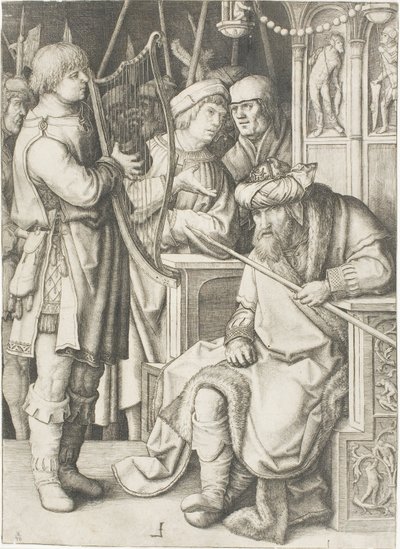 David spiller på harpen før Saul av Lucas van Leyden