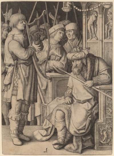David spiller harpe før Saul av Lucas van Leyden