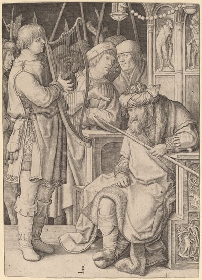 David spiller harpe før Saul av Lucas van Leyden