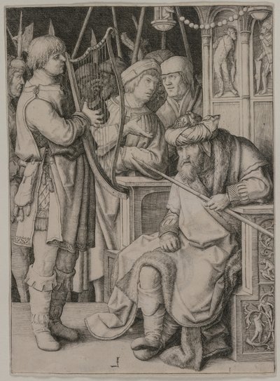 David spiller harpe før Saul av Lucas van Leyden